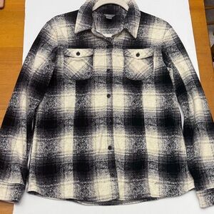 Women’s Eddie Bauer Black and Cream Plaid Shirt Jacket